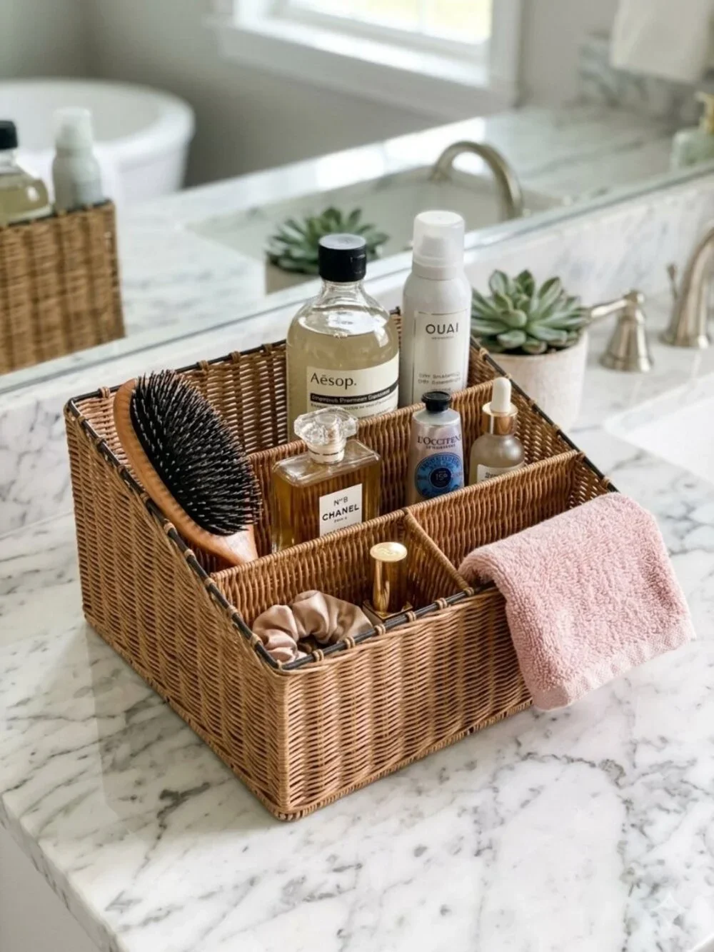 Vintage Rattan Wicker Metal 4-Compartment Desk Mail Organizer Caddy Multi-use